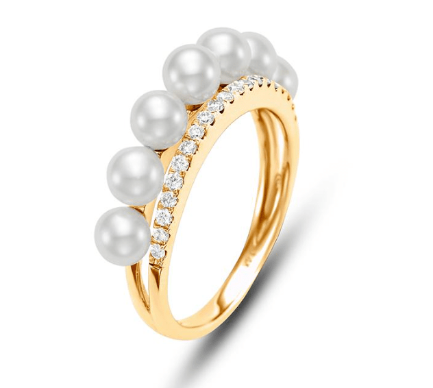 14KT Yellow Gold 3.5-4MM pearl ring with diamond row - Gaines Jewelers