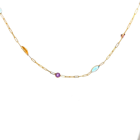 1Necklace- 14k yellow gold multi color stones on paperclip chain - Gaines Jewelers