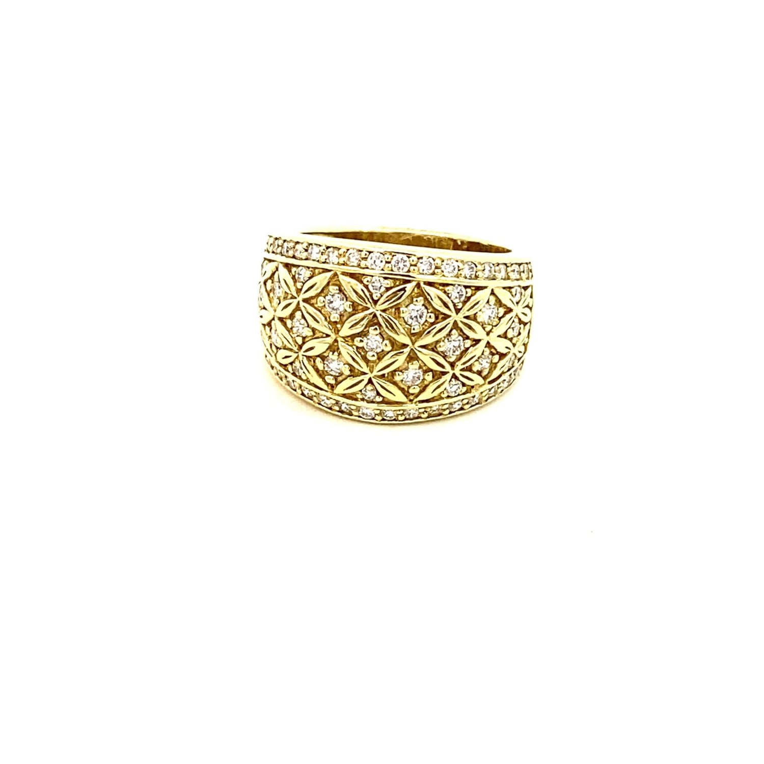 1Ring- 14kt yg wide tapered engraved top w/ diamond border - Gaines Jewelers