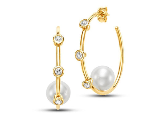****AIDA HOOP 18KT Yellow Gold 10-10.5MM White Freshwater Pearl Hoop Earrings with 6 Diamonds - Gaines Jewelers