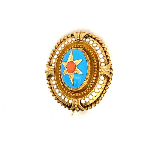 Antique brooch coral and turquoise/white enamel - Gaines Jewelers