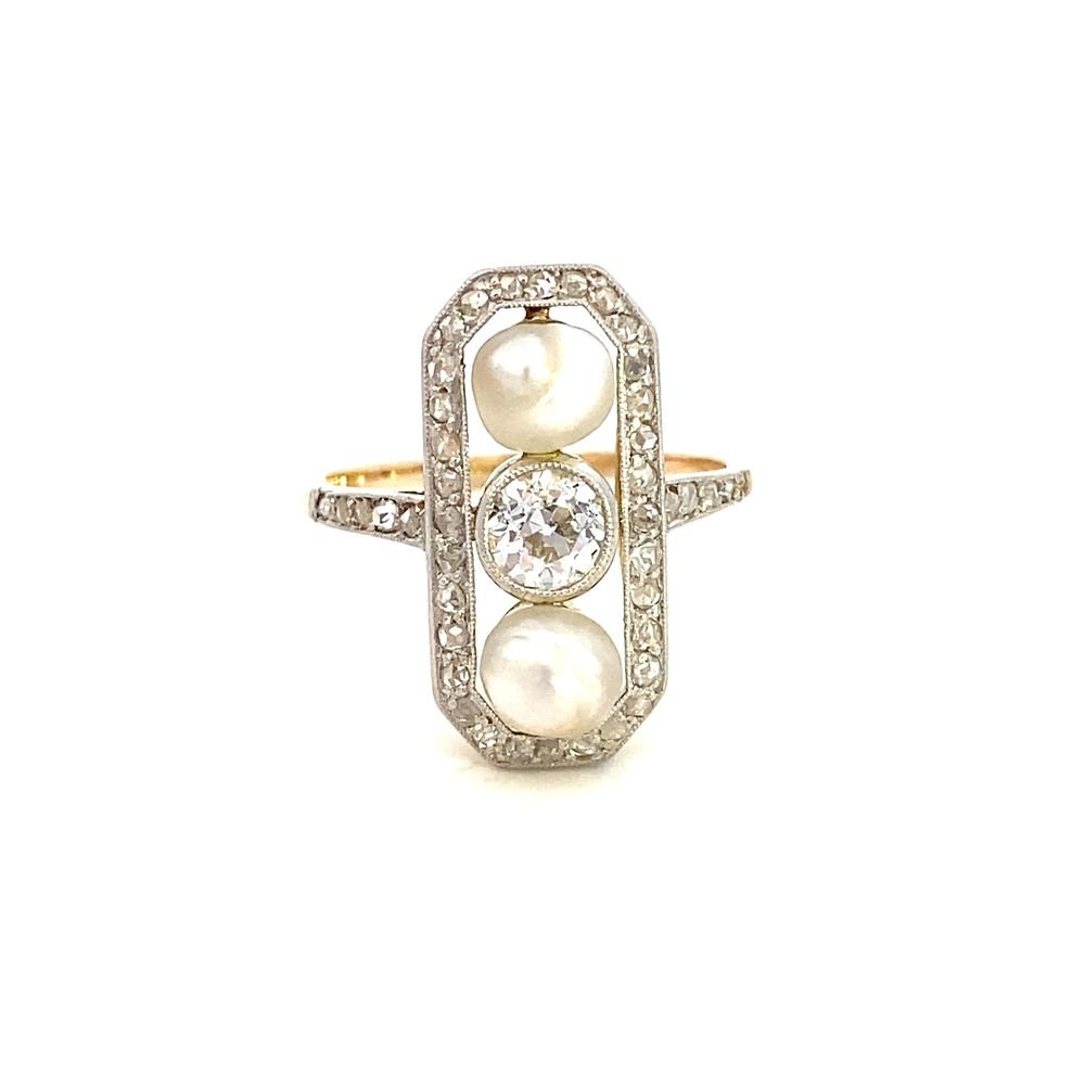 Antique ring 2 pearls and 1 diamond yellow and white gold - Gaines Jewelers