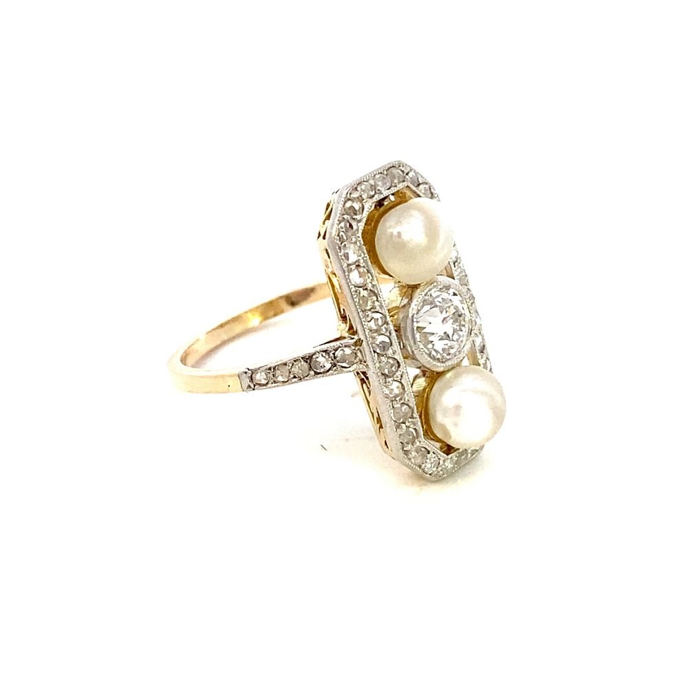 Antique ring 2 pearls and 1 diamond yellow and white gold - Gaines Jewelers