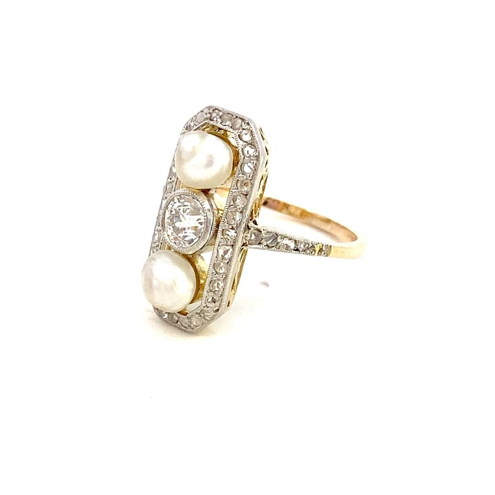 Antique ring 2 pearls and 1 diamond yellow and white gold - Gaines Jewelers