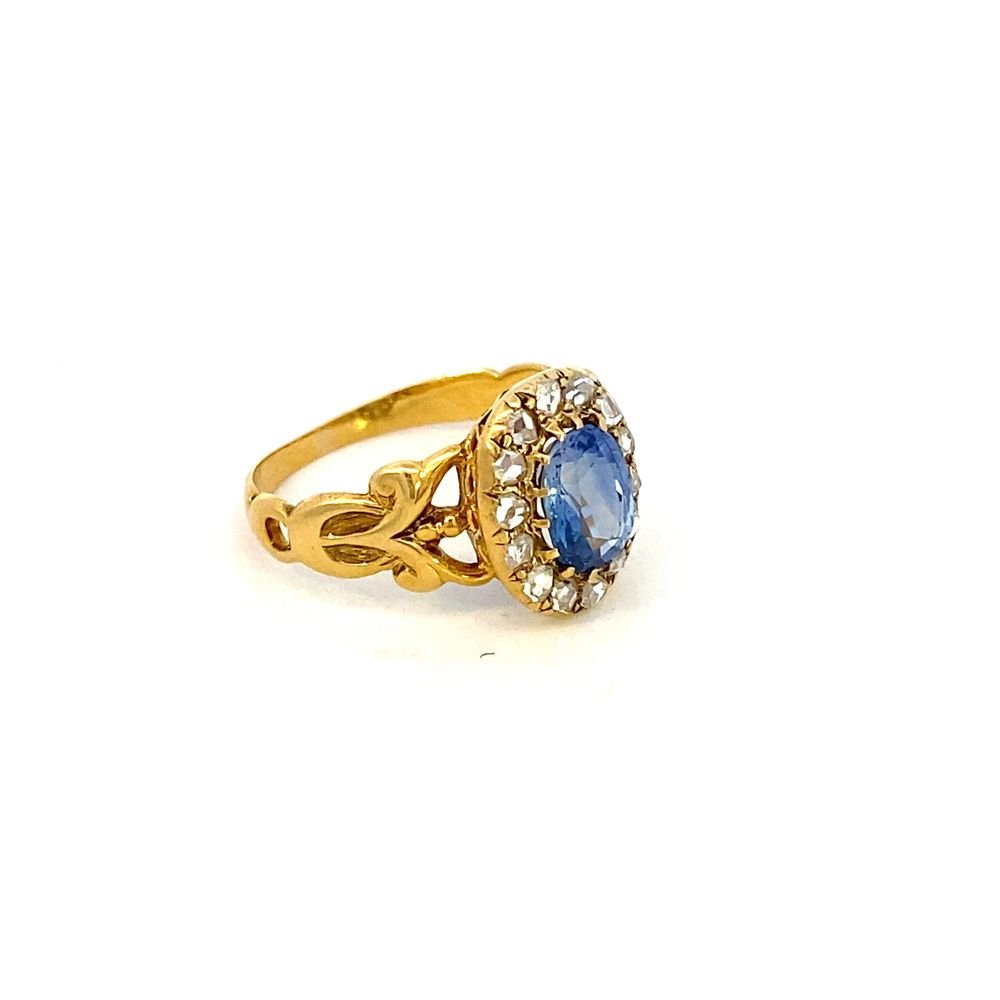 Antique ring ceylon blue sapphire=1.29 diamond halo - Gaines Jewelers