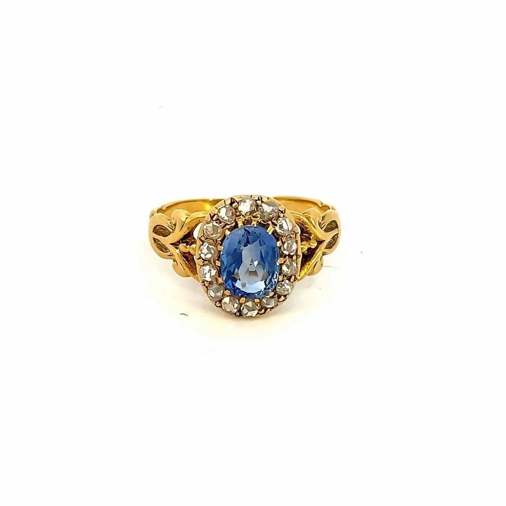 Antique ring ceylon blue sapphire=1.29 diamond halo - Gaines Jewelers