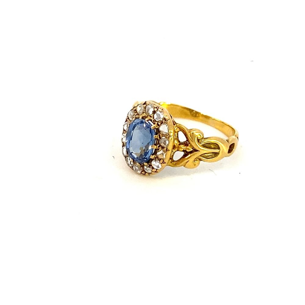 Antique ring ceylon blue sapphire=1.29 diamond halo - Gaines Jewelers