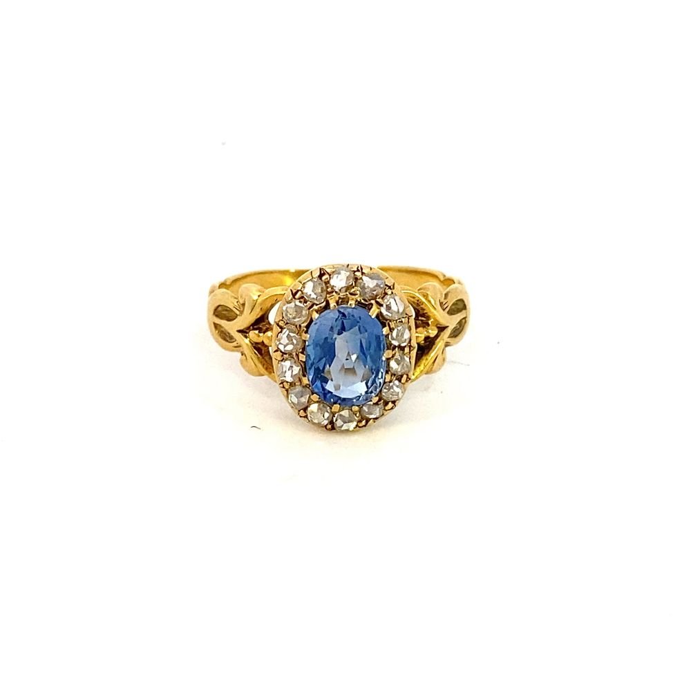 Antique ring ceylon blue sapphire=1.29 diamond halo - Gaines Jewelers