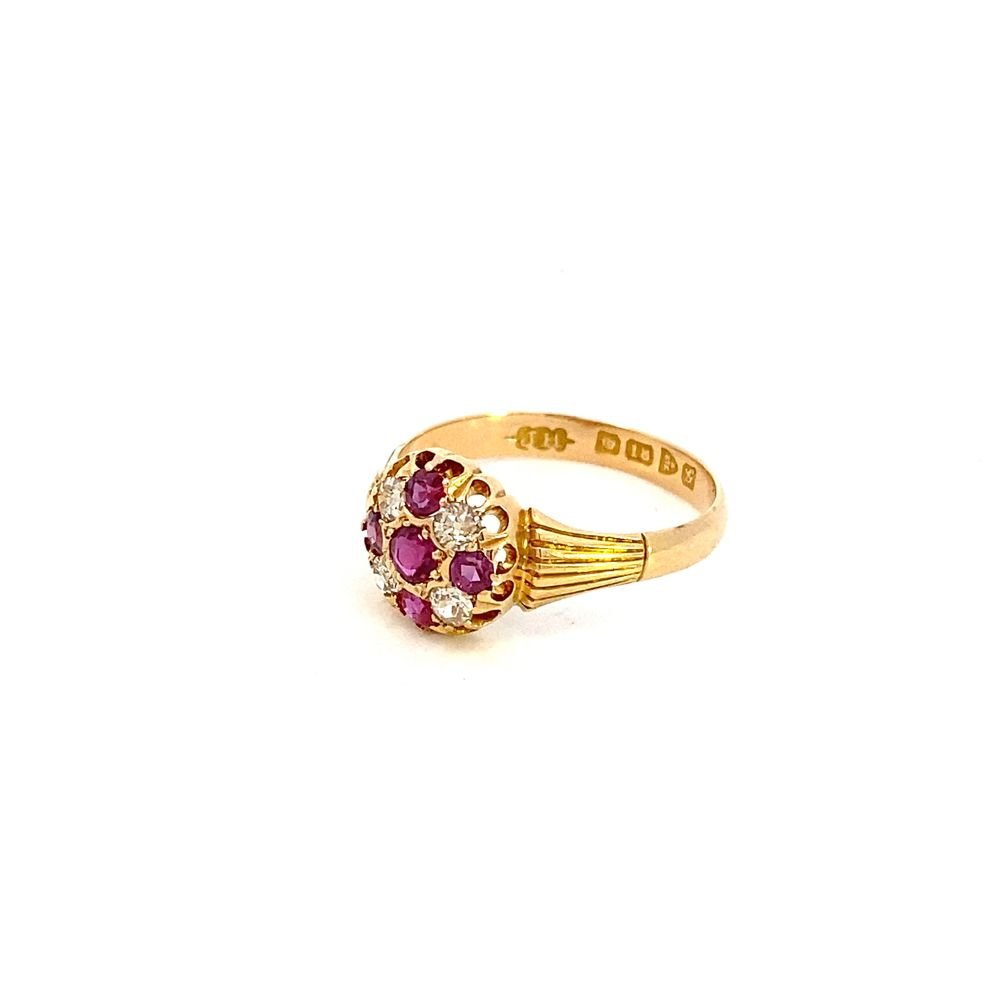 Antique ring ruby and diamond cluster 18kt yellow gold - Gaines Jewelers