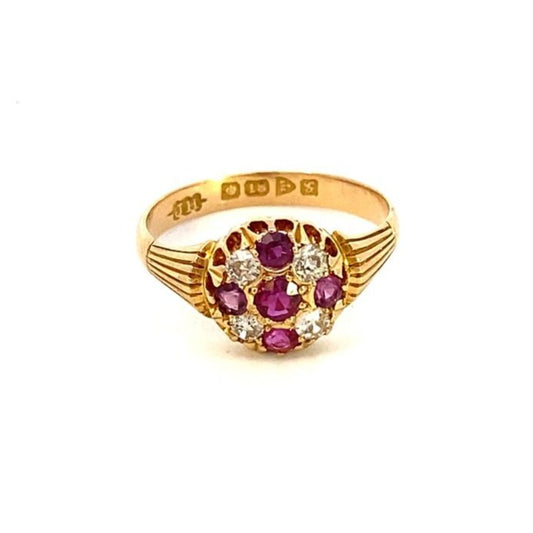 Antique ring ruby and diamond cluster 18kt yellow gold - Gaines Jewelers