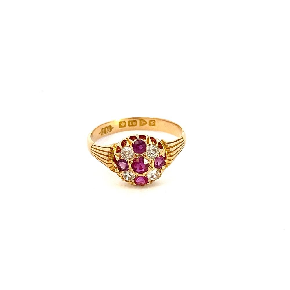 Antique ring ruby and diamond cluster 18kt yellow gold - Gaines Jewelers