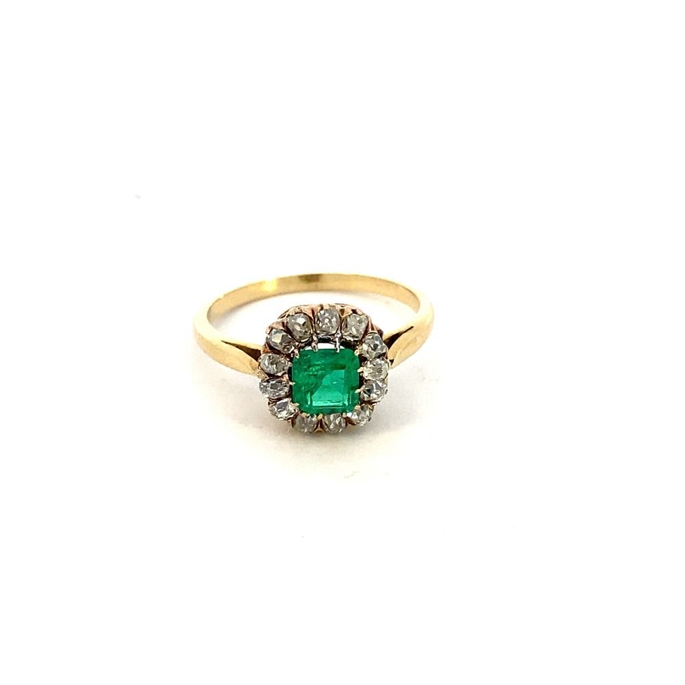 Antique ring single emerald with diamond halo cluster yellow gold - Gaines Jewelers