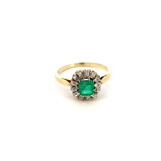 Antique ring single emerald with diamond halo cluster yellow gold - Gaines Jewelers