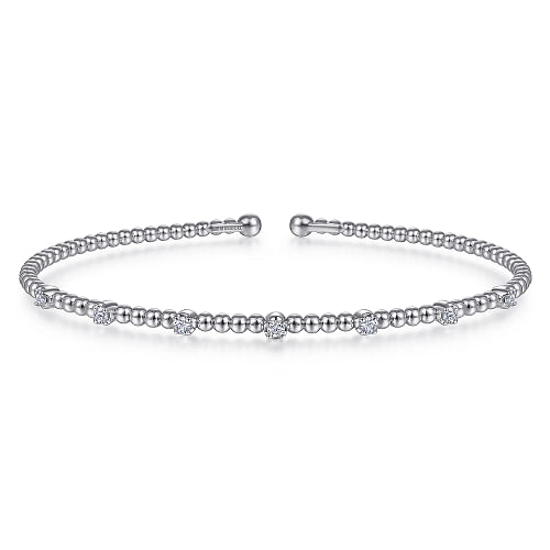Bracelet- 14k white gold bead cuff 7 diamond stations on top - Gaines Jewelers