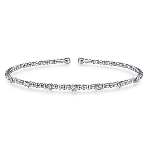 Bracelet- 14k white gold bead cuff 7 diamond stations on top - Gaines Jewelers