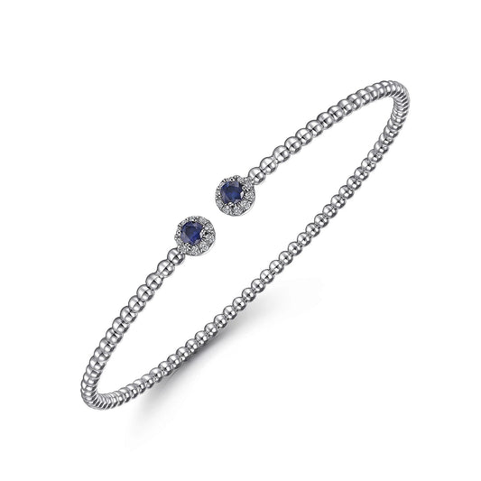 Bracelet - 14k white gold bead cuff diamond and sapphire clusters at split - Gaines Jewelers
