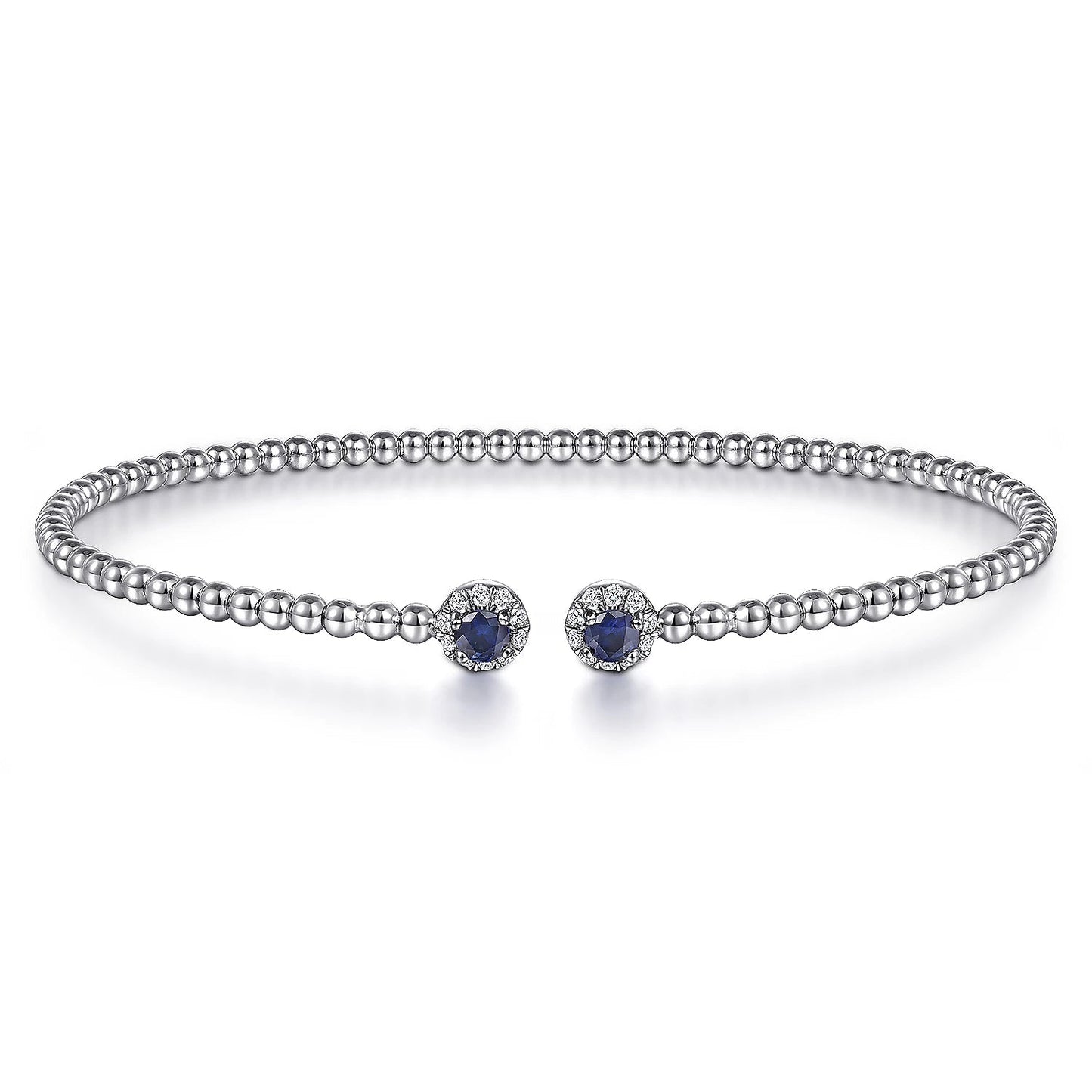 Bracelet - 14k white gold bead cuff diamond and sapphire clusters at split - Gaines Jewelers