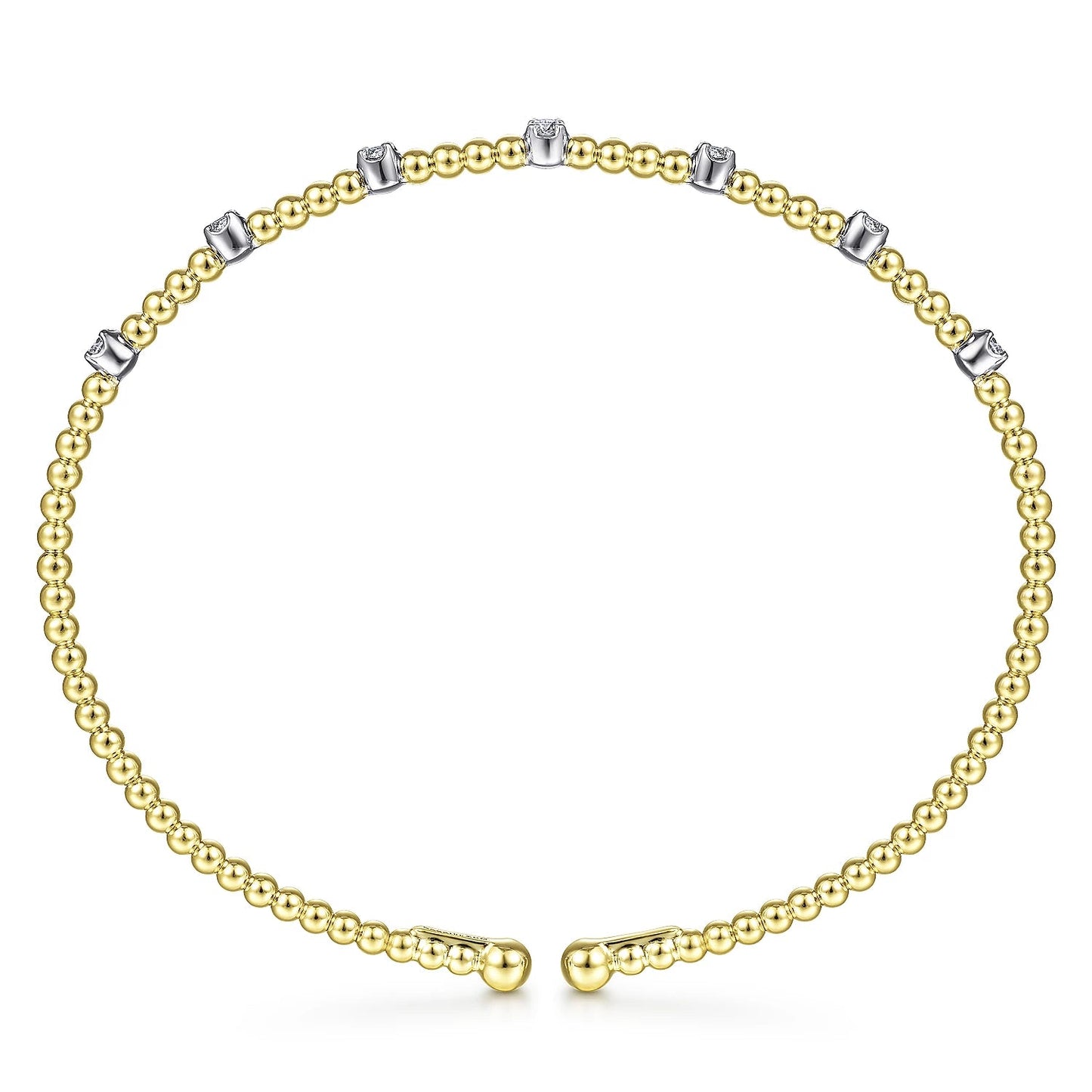 Bracelet- 14k yellow gold bead cuff 7 diamond stations on top - Gaines Jewelers