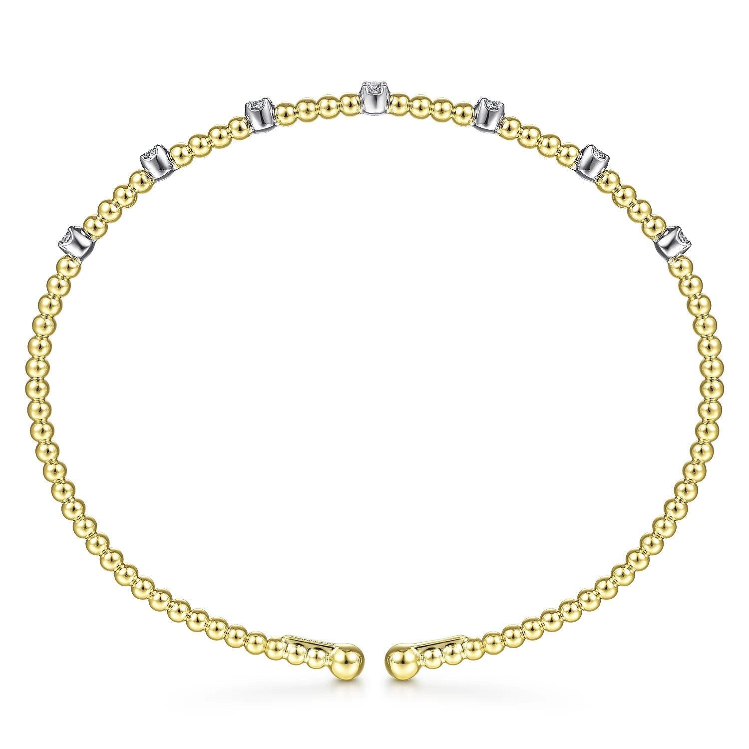 Bracelet- 14k yellow gold bead cuff 7 diamond stations on top - Gaines Jewelers