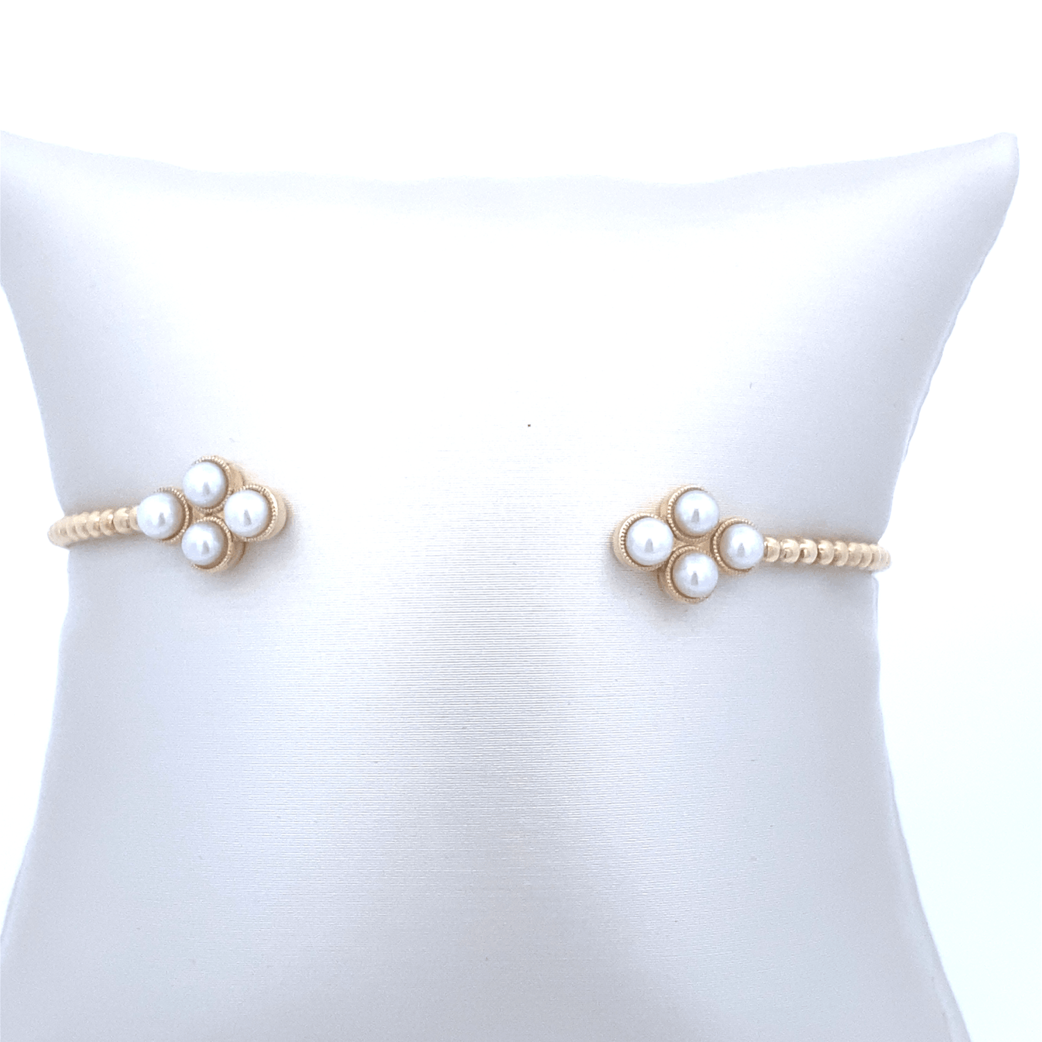 Bracelet- 14K Yellow Gold Cultured Pearl Beaded Open Flex Cuff - Gaines Jewelers