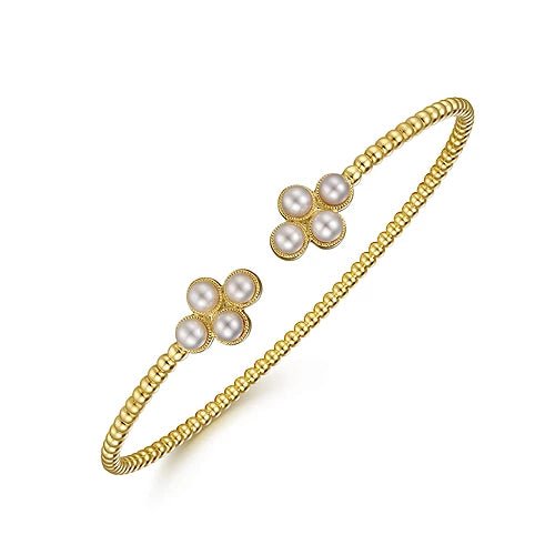 Bracelet- 14K Yellow Gold Cultured Pearl Beaded Open Flex Cuff - Gaines Jewelers