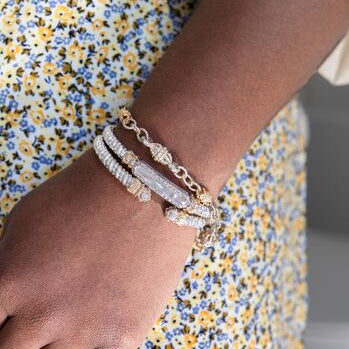 Bracelet- 4mm bangle bracelet with mother of pearl top with diamonds - Gaines Jewelers