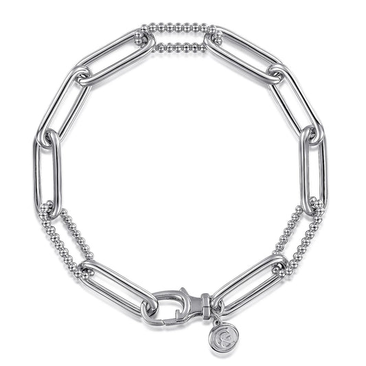 Bracelet- .7inch 925 Sterling Silver bead and plain Link Bracelect - Gaines Jewelers