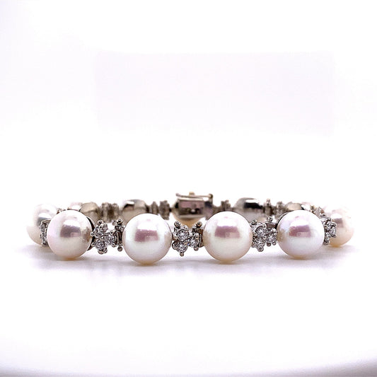Bracelet- Cultured Pearl with Alternate Diamond Trio (9mm) - Gaines Jewelers