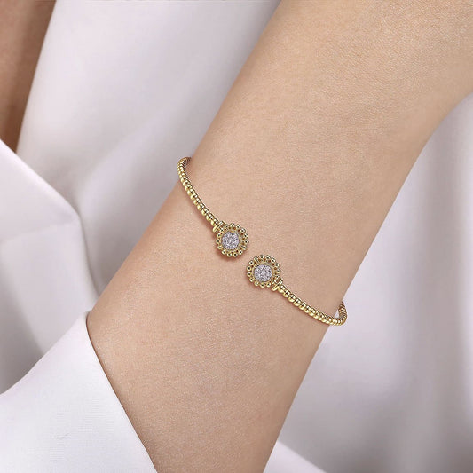 Bracelet flex cuff diamond clusters at ends 14kt yellow gold - Gaines Jewelers