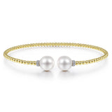 Bracelet flex cuff pearl caps and diamond 14kt yellow gold - Gaines Jewelers