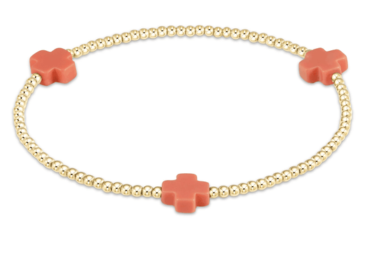 Coral- Signature Cross Gold Pattern 2mm Bead Bracelet - Gaines Jewelers