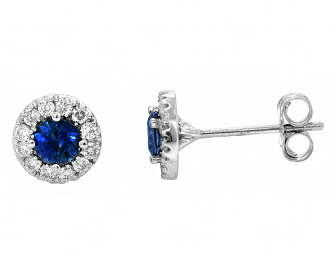 Earrings - 14k White Gold Sapphire Earrings with diamond halo studs - Gaines Jewelers