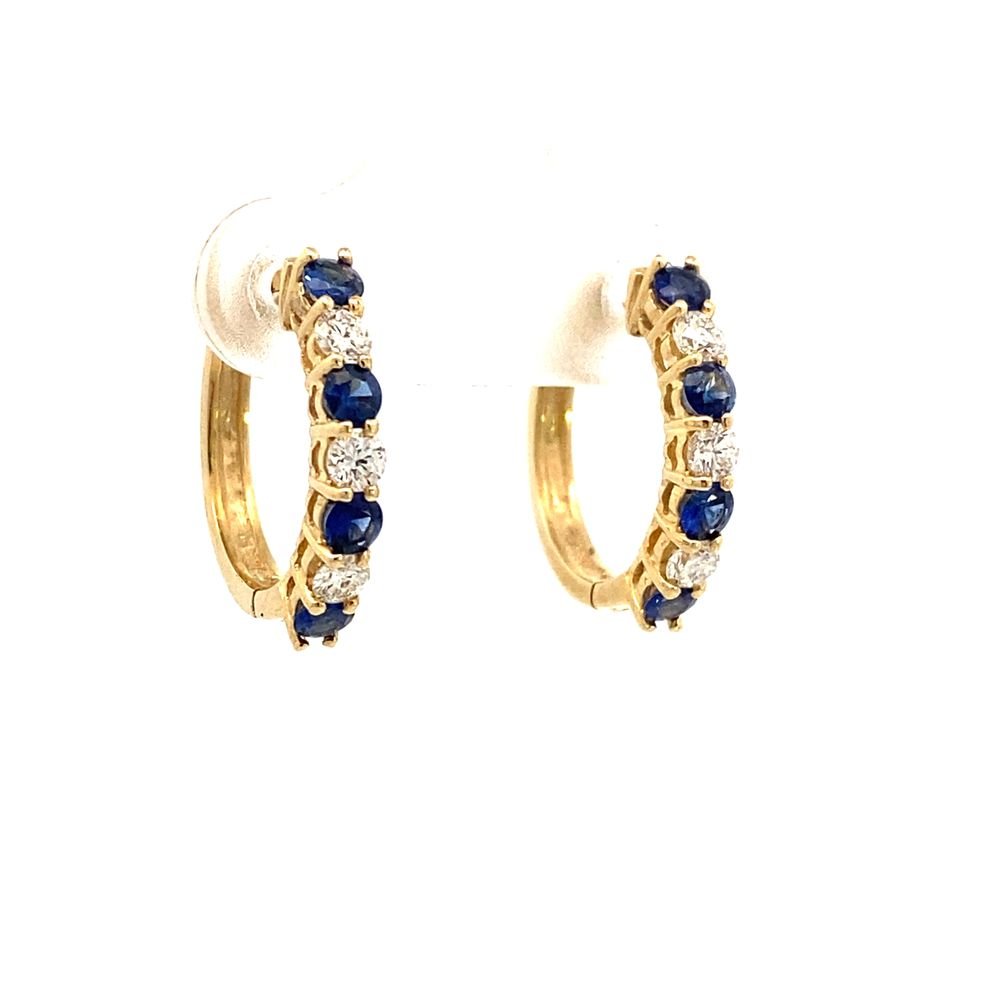 Earrings- 14k Yellow Gold 3/4" Sapphire and Diamond Hoops - Gaines Jewelers