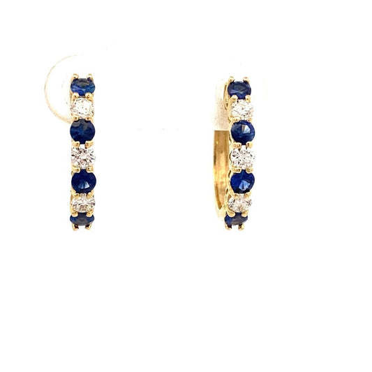 Earrings- 14k Yellow Gold 3/4" Sapphire and Diamond Hoops - Gaines Jewelers