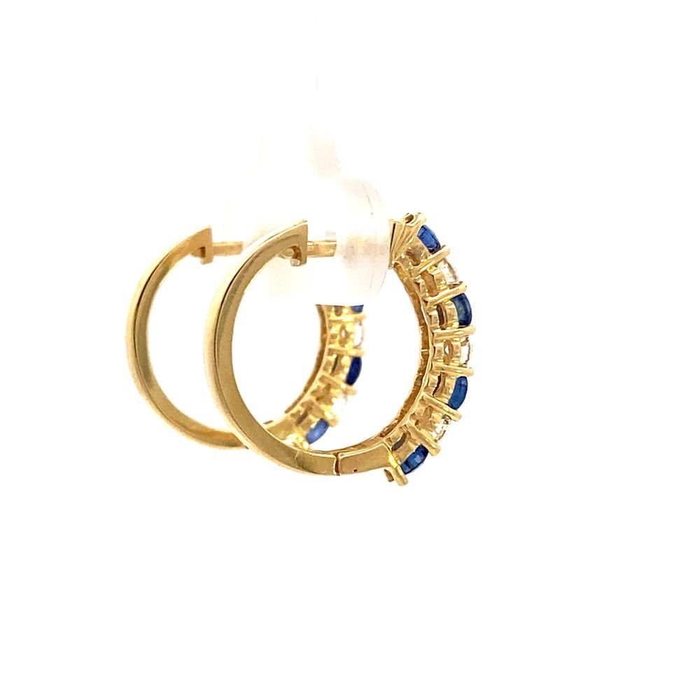 Earrings- 14k Yellow Gold 3/4" Sapphire and Diamond Hoops - Gaines Jewelers