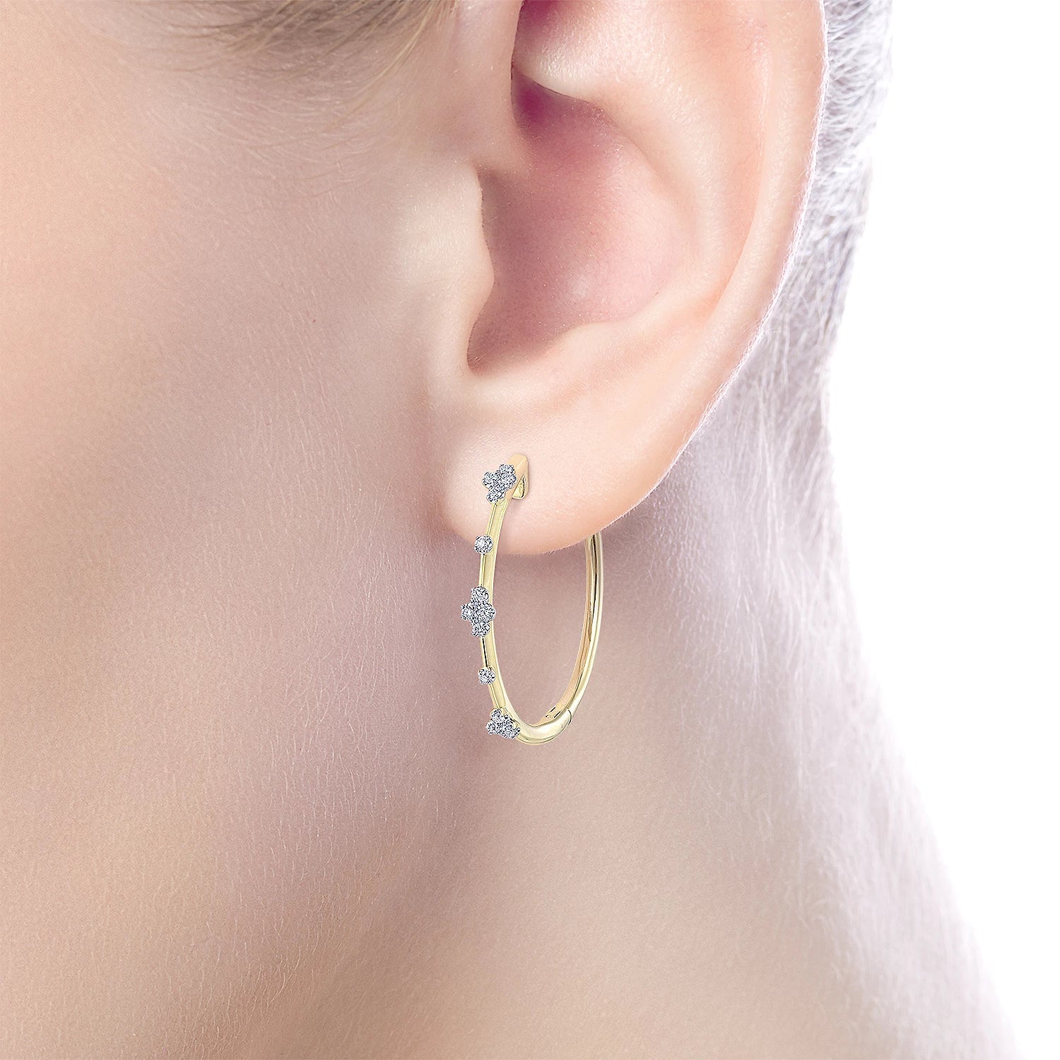 Earrings - 14k Yellow Gold diamond hoops tiny stations - Gaines Jewelers