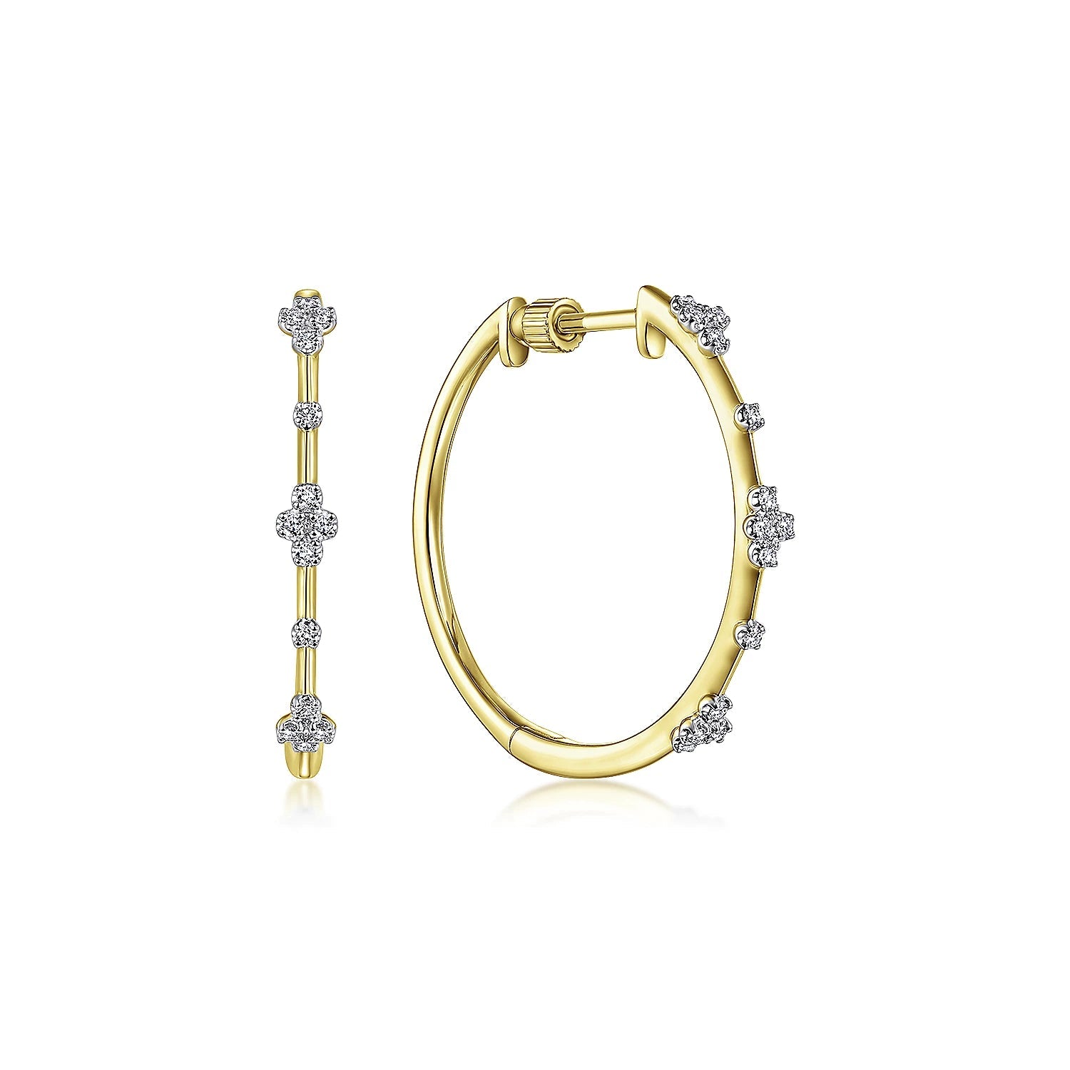Earrings - 14k Yellow Gold diamond hoops tiny stations - Gaines Jewelers