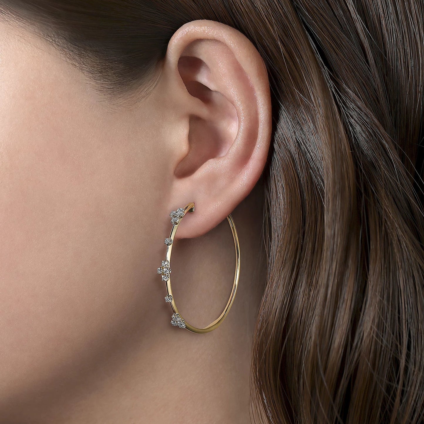 Earrings-14k yg diamond hoop 3 stations 40mm - Gaines Jewelers