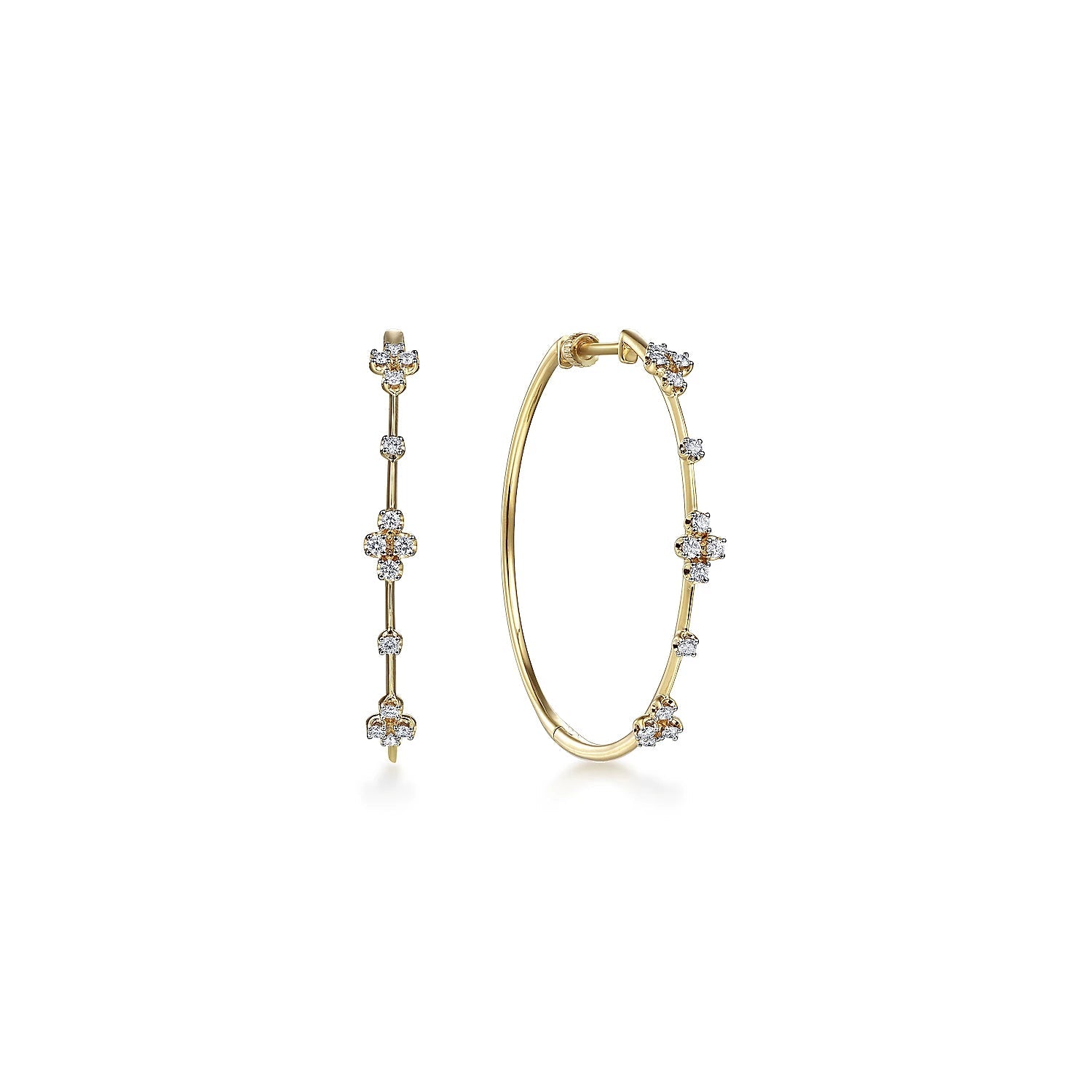 Earrings-14k yg diamond hoop 3 stations 40mm - Gaines Jewelers