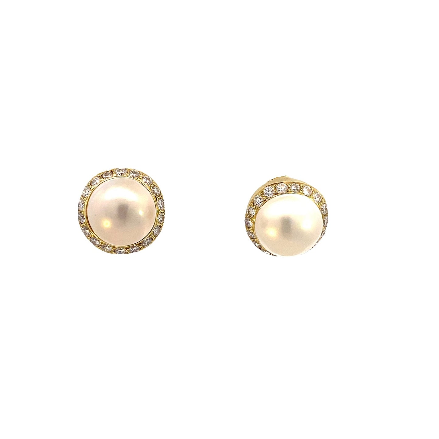 Earrings-14kt yg 2 round Mabe Diamond Bezel Set - Gaines Jewelers