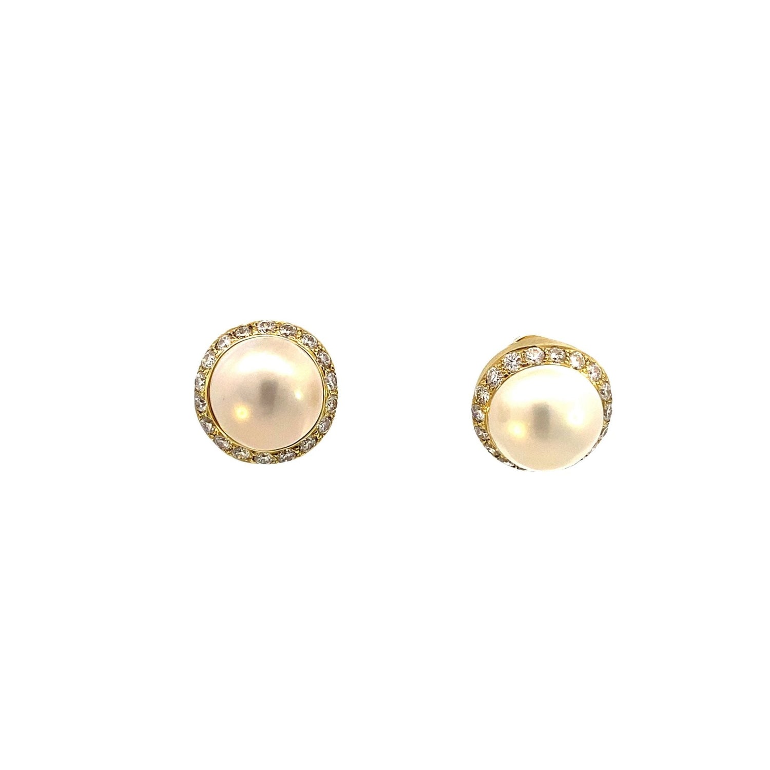 Earrings-14kt yg 2 round Mabe Diamond Bezel Set - Gaines Jewelers