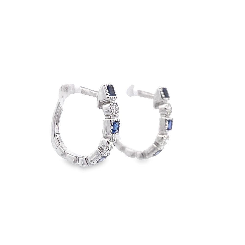 Earrings- 18K White Gold Sapphire and Diamond Huggies - Gaines Jewelers