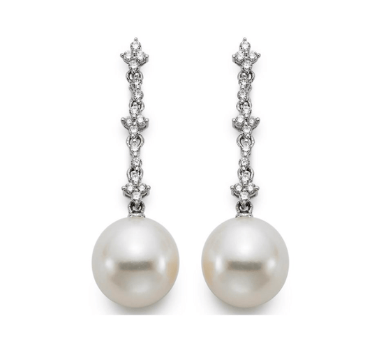Earrings - 18kt yg 10-10.5 Pearl Earrings with diamond dangle - Gaines Jewelers