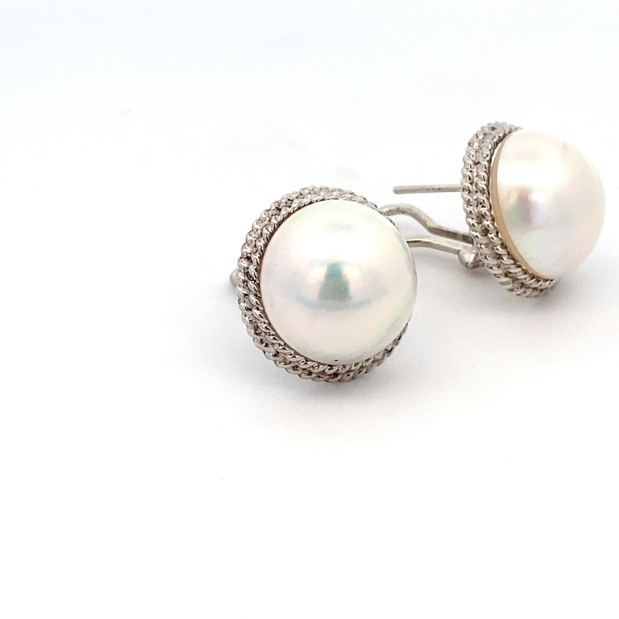Earrings- 2 round mabe pearl braid bezel - Gaines Jewelers