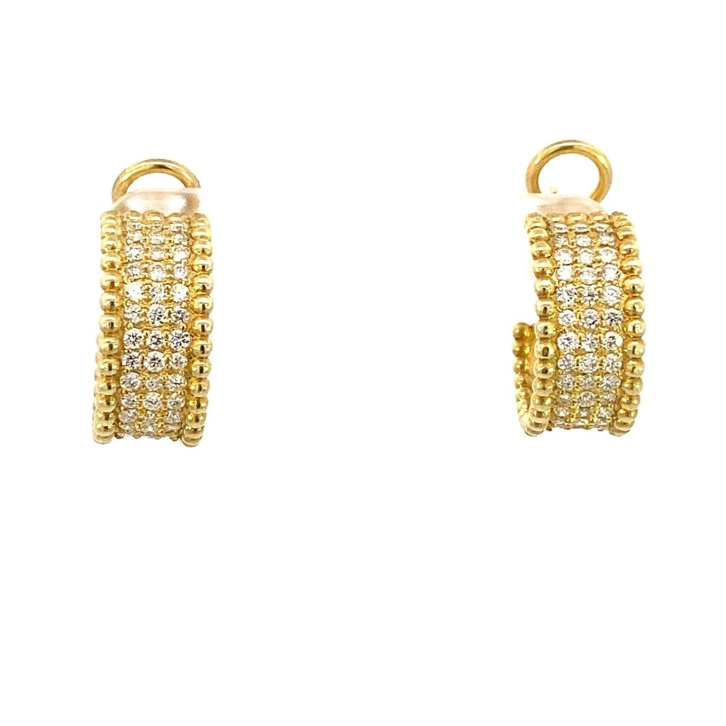 Earrings diamond hoops pave' front with bead edges 14kt yellow gold - Gaines Jewelers