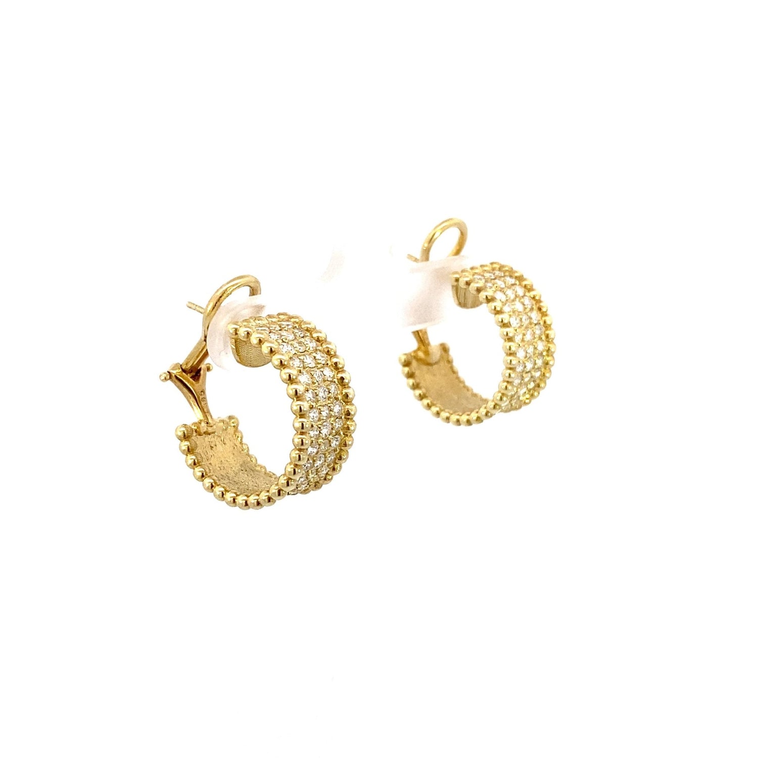 Earrings diamond hoops pave' front with bead edges 14kt yellow gold - Gaines Jewelers