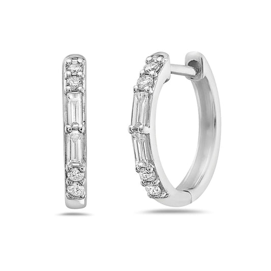 Earrings diamond huggies, round & baguette, 14kt wg - Gaines Jewelers