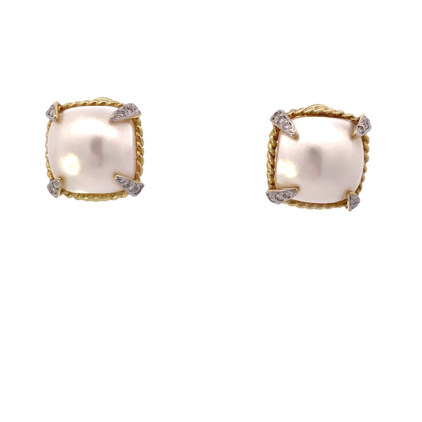 Earrings-Pearl and diamond earrings with rope detail - Gaines Jewelers