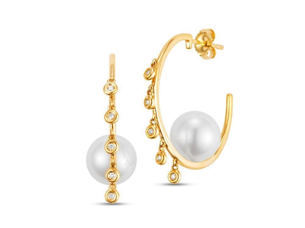 Earrings pearl hoops with tiny diamond drops - Gaines Jewelers