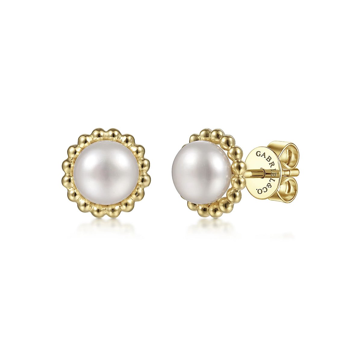 Earrings pearl stud with bead border 14kt yellow gold - Gaines Jewelers